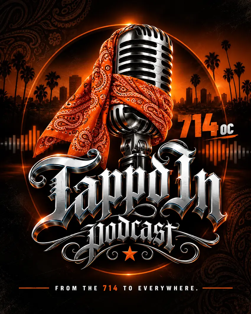 Tappd In Podcast chrome microphone with orange bandana, 714 OC, and the original show logo